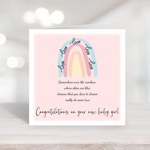 Watercolour Rainbow Personalised New Baby Girl Card