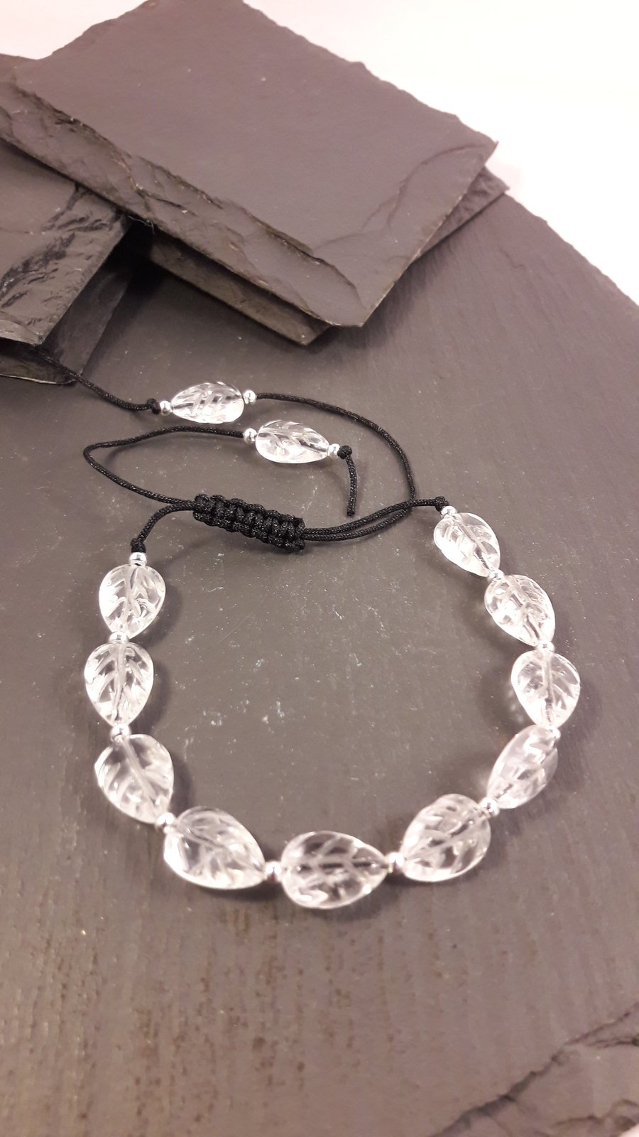 Clear Quartz Carved Leaves on Black Cord Adjustable Bracelet