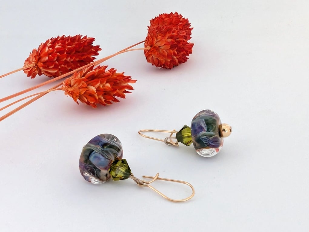 Lampwork Glass Bead Earrings: Soft Mauve and Green, Gold Filled Earwires