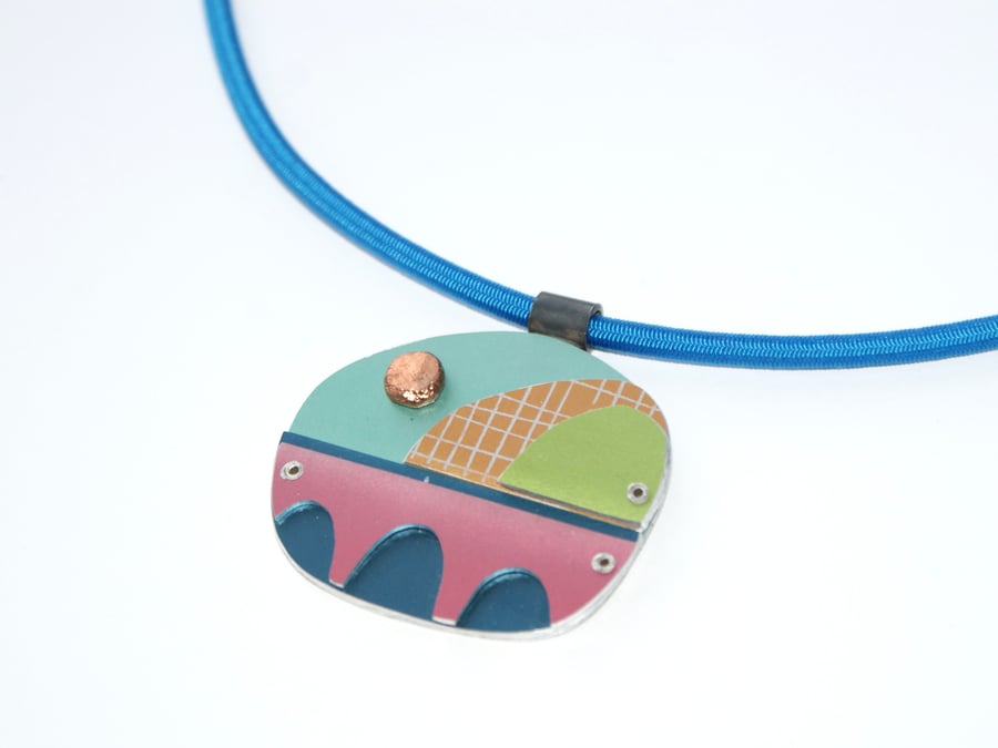 Abstract landscape necklace pink and blue