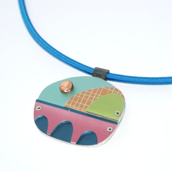 Abstract landscape necklace pink and blue
