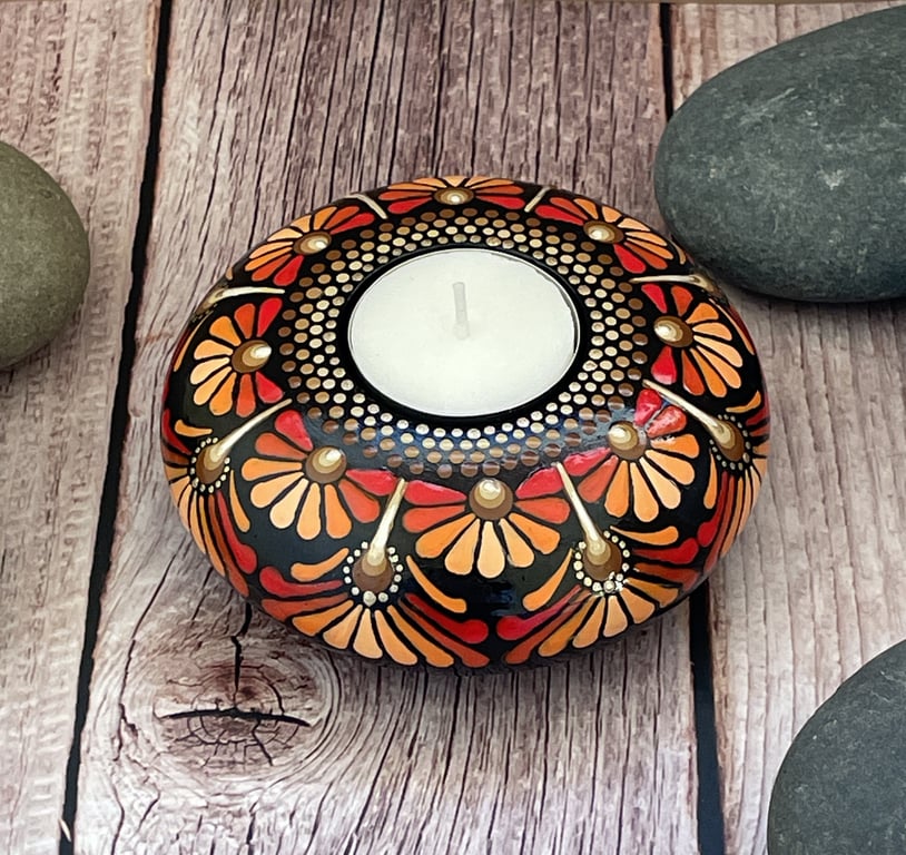 Orange Mandala Tea Light Candle Holder Acrylic Art Painting Hand Painted Unique