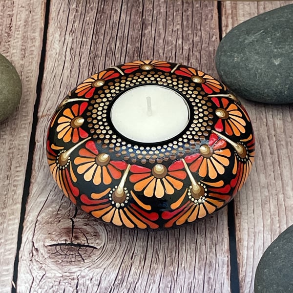 Orange Mandala Tea Light Candle Holder Acrylic Art Painting Hand Painted Unique