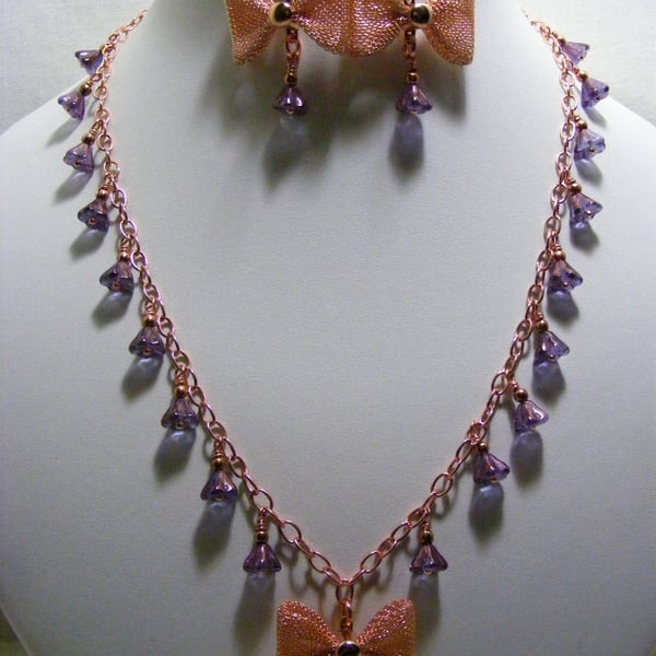 Rose Gold and Amethyst Czech Glass Bell Flower Jewellery Set
