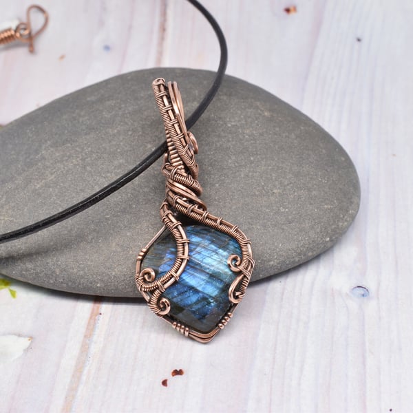 Wire Wrapped Faceted Blue Labradorite and Copper Pendant