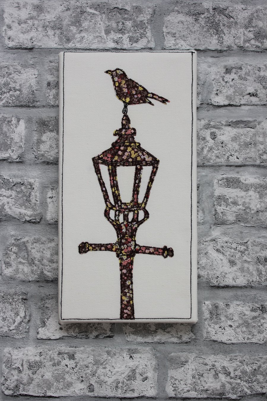 Blackbird on a Lamp-post Textile Art Canvas, Original Embroidered Wall Art, 