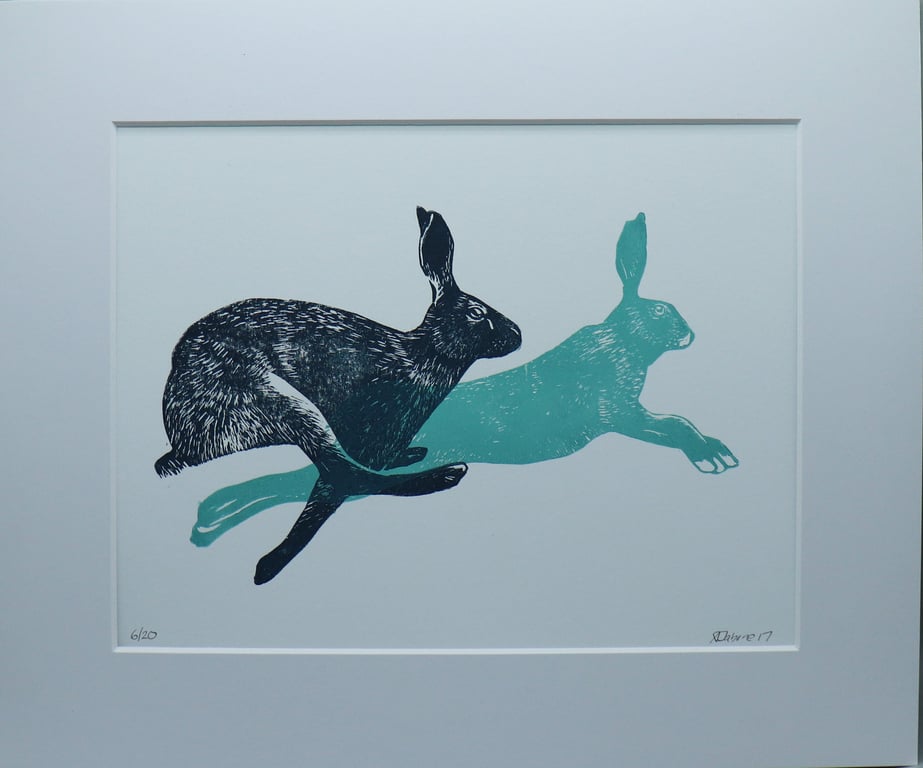 Running Hares Linocut Print, Mounted Blue Artwork