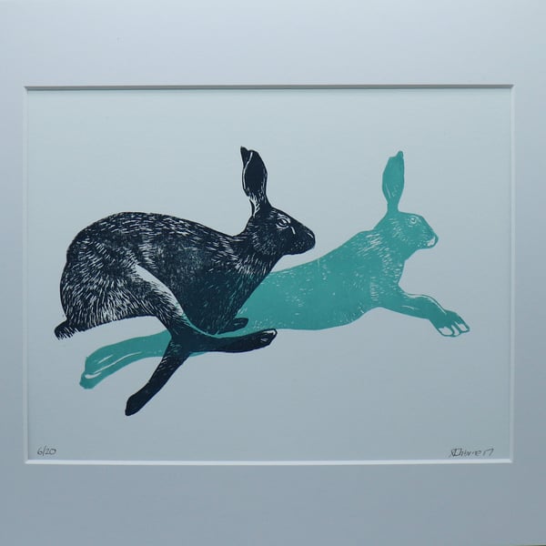 Running Hares Linocut Print, Mounted Blue Artwork