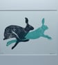 Running Hares Linocut Print, Mounted Blue Artwork