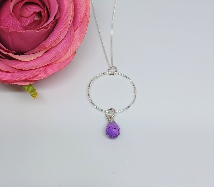 Faceted Purple Amethyst Teardrop and Sterling Silver Sparkly Hoop Pendant, Ameth