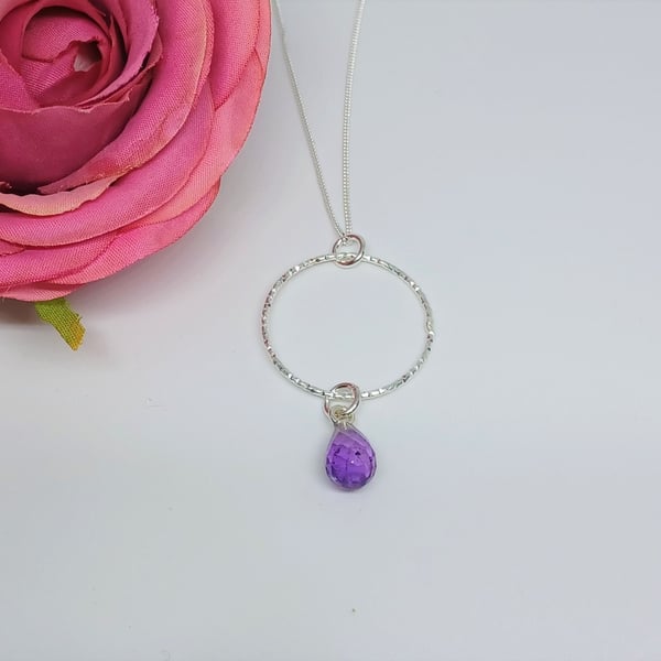 Faceted Purple Amethyst Teardrop and Sterling Silver Sparkly Hoop Pendant, Ameth