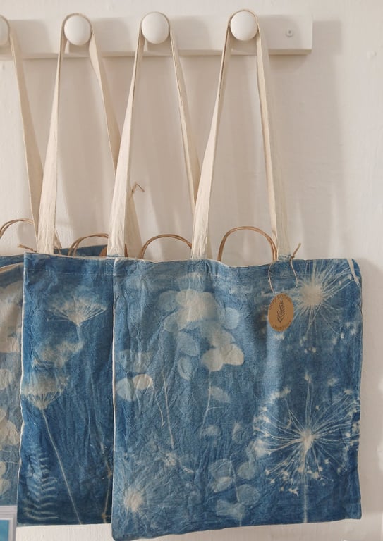 Hand Printed Cyanotype Tote Bag (Honesty & Aliums)