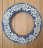 Handmade Blue Yarn Wreath,White Lace Flowers And Wooden Love Hearts,Shabby Chic - Image 3