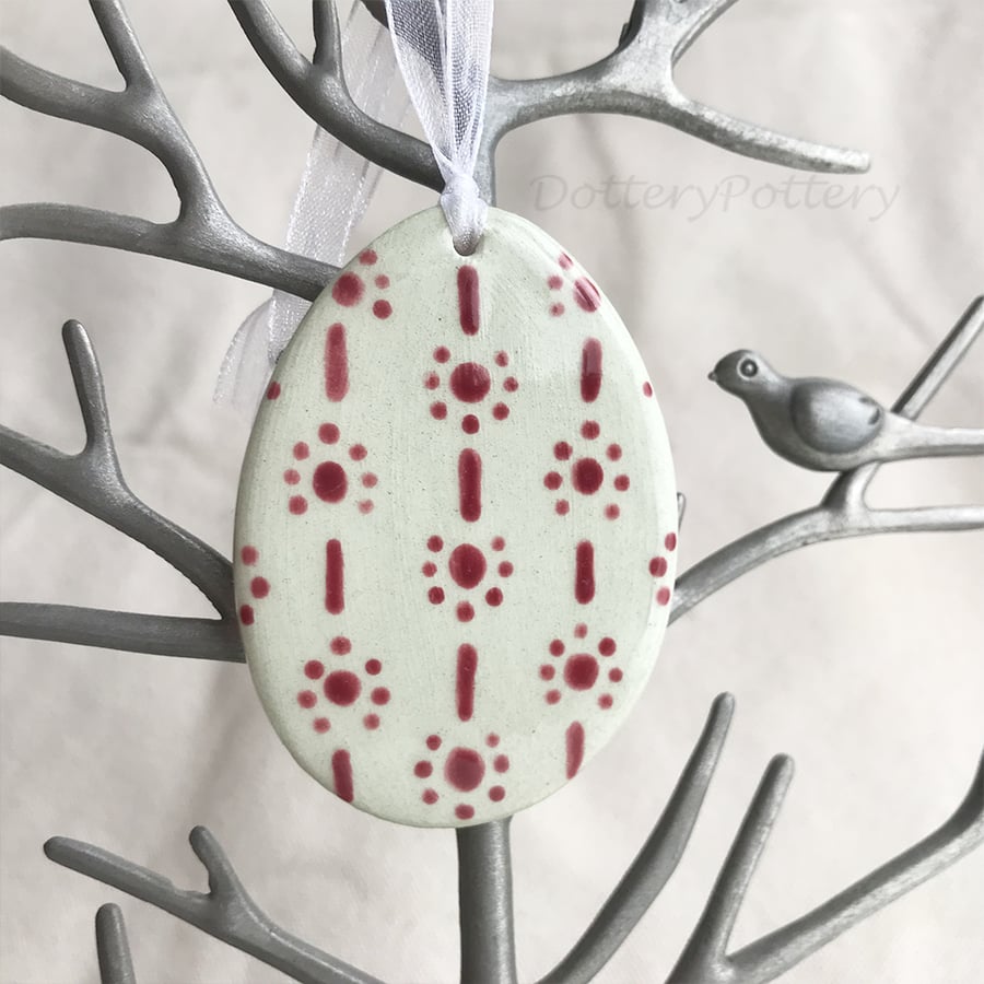 Sale Green Pottery Easter Egg decoration plum coloured pattern 