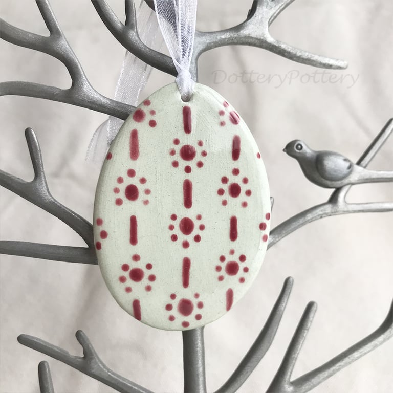 Sale Green Pottery Easter Egg decoration plum coloured pattern 