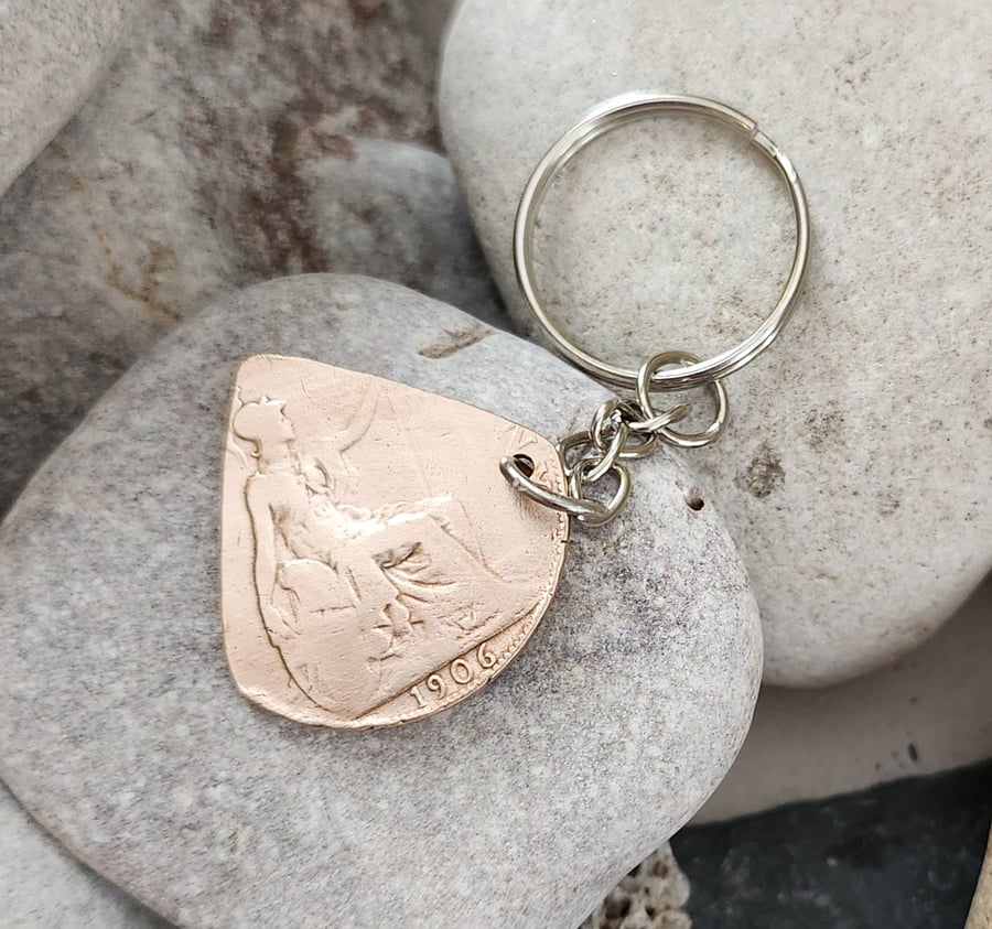 Penny coin guitar plectrum keyring or bagcharm