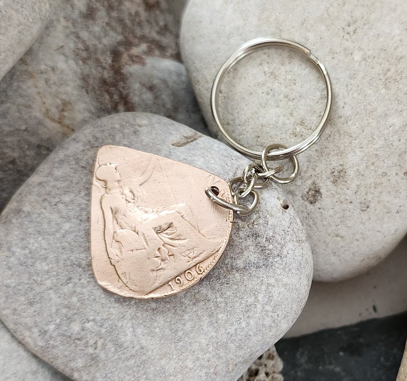 Penny coin guitar plectrum keyring or bagcharm