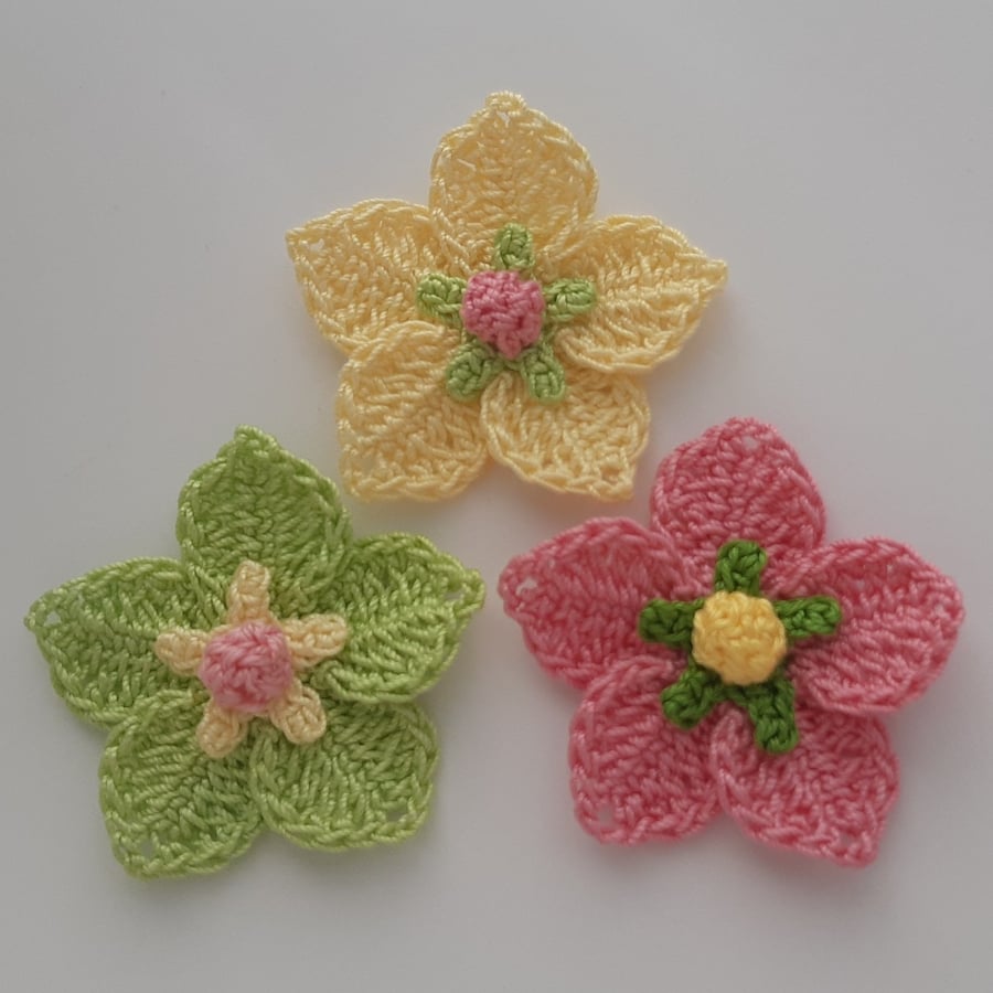 3x Vibrant Crochet Flowers- handmade
