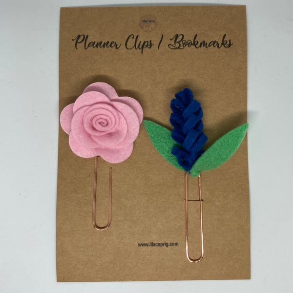 Set of 2 Felt Rose & Hyacinth Flower & Rose Gold Planner Clips