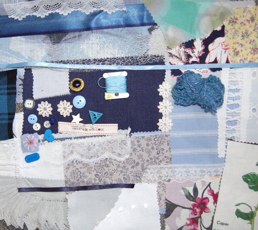 Eco slow stitching kit includes fabric, buttons, thread, needle, lace, ribbon