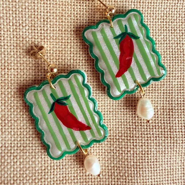 Chilli Pepper Pearl Earrings - Green and Red