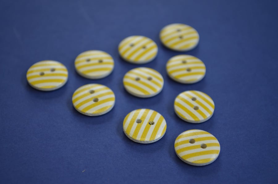 15mm Wooden Striped Buttons Yellow White 10pk Stripe Stripey (SST8)