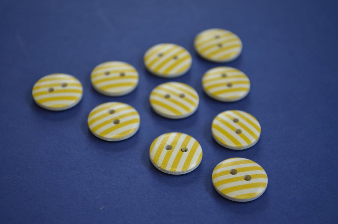 15mm Wooden Striped Buttons Yellow White 10pk Stripe Stripey (SST8)