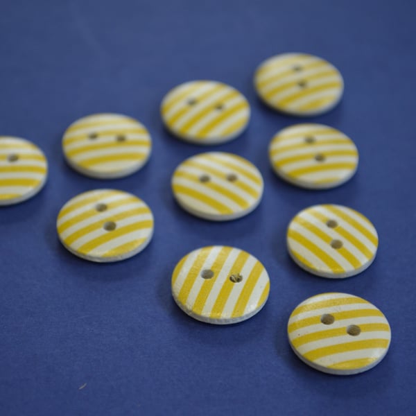 15mm Wooden Striped Buttons Yellow White 10pk Stripe Stripey (SST8)