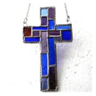 Cross Suncatcher Stained Glass Patchwork Blue Purple Handmade 