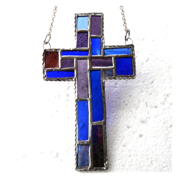 Cross Suncatcher Stained Glass Patchwork Blue Purple Handmade 