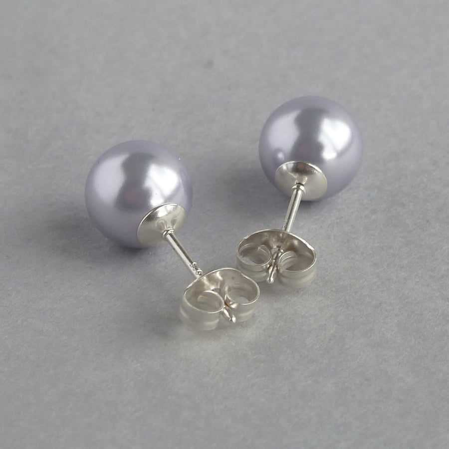 8mm Lavender Glass Pearl Studs - Round Pastel Purple Bridesmaids Stud Earrings