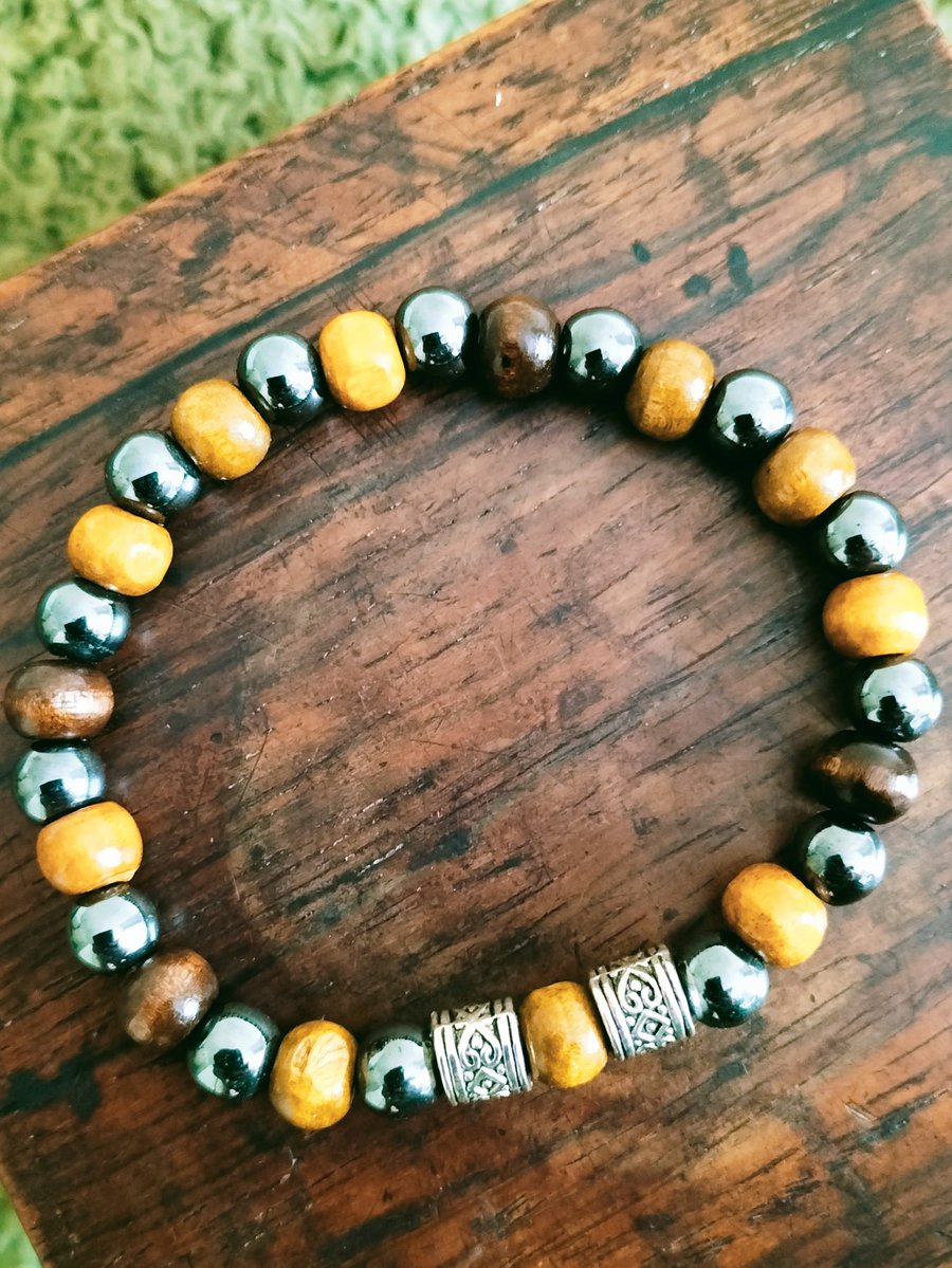 Hematite, Wood beaded Bracelet with Tibetan Spacers