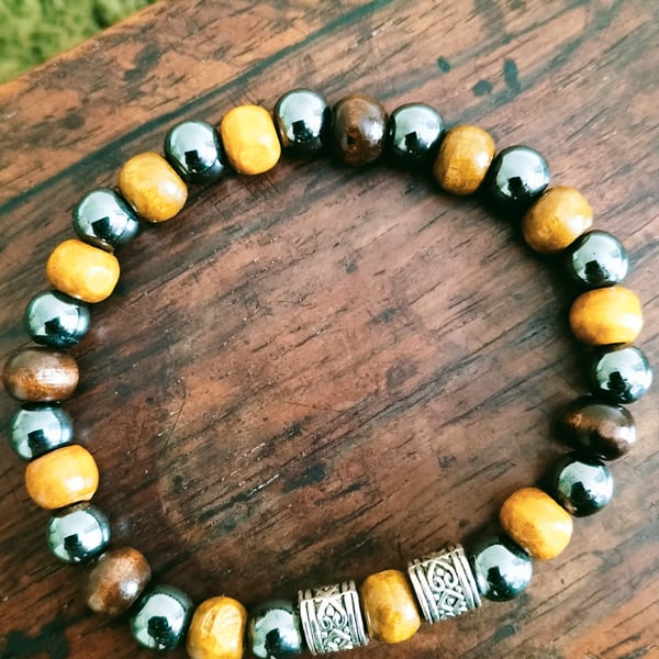 Hematite, Wood beaded Bracelet with Tibetan Spacers