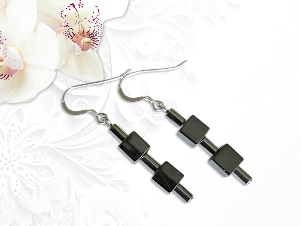 Hematite Cubes Sterling Silver Earrings With Silver Hematite Tubes - Under 20