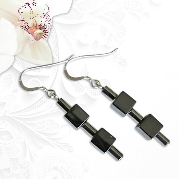 Hematite Cubes Sterling Silver Earrings With Silver Hematite Tubes - Under 20