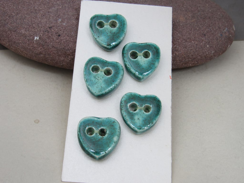 5 Small Heart Shaped Jade Green Ceramic Buttons