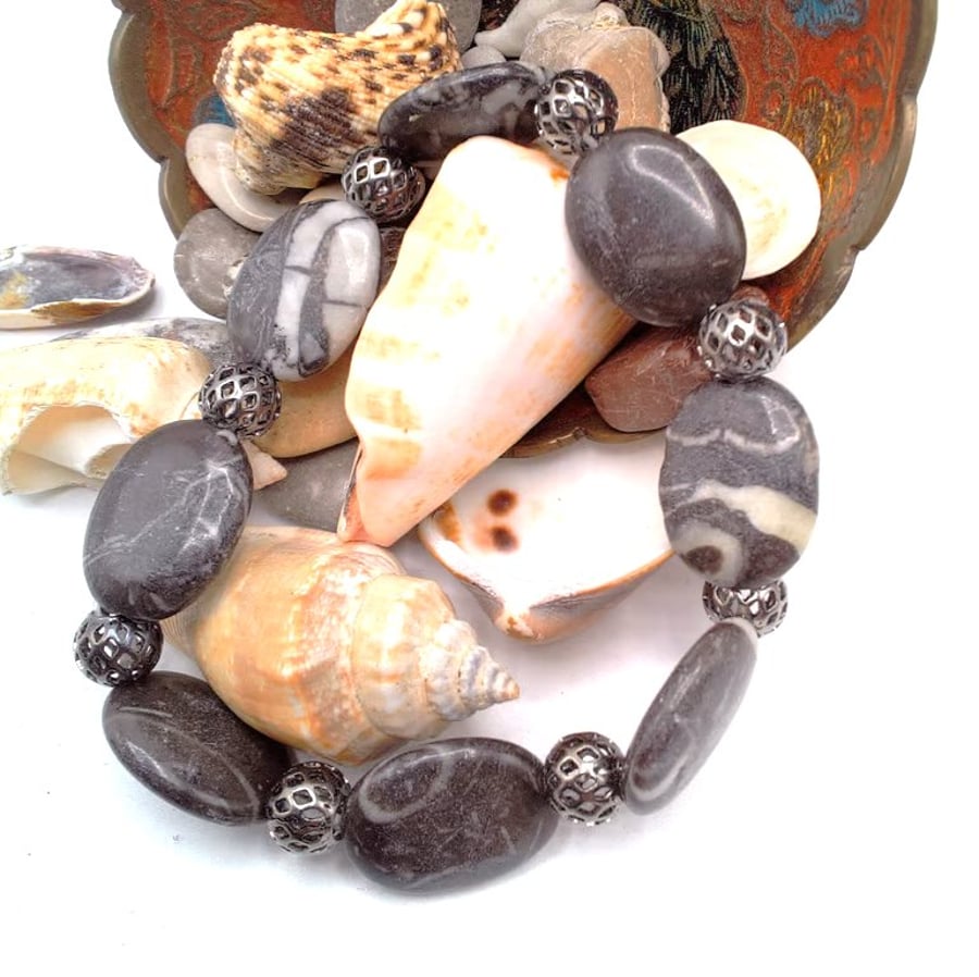 Men's Black Grey Marbled Oval Stone and Gunmetal Spacer Bracelet, Men's Bracelet