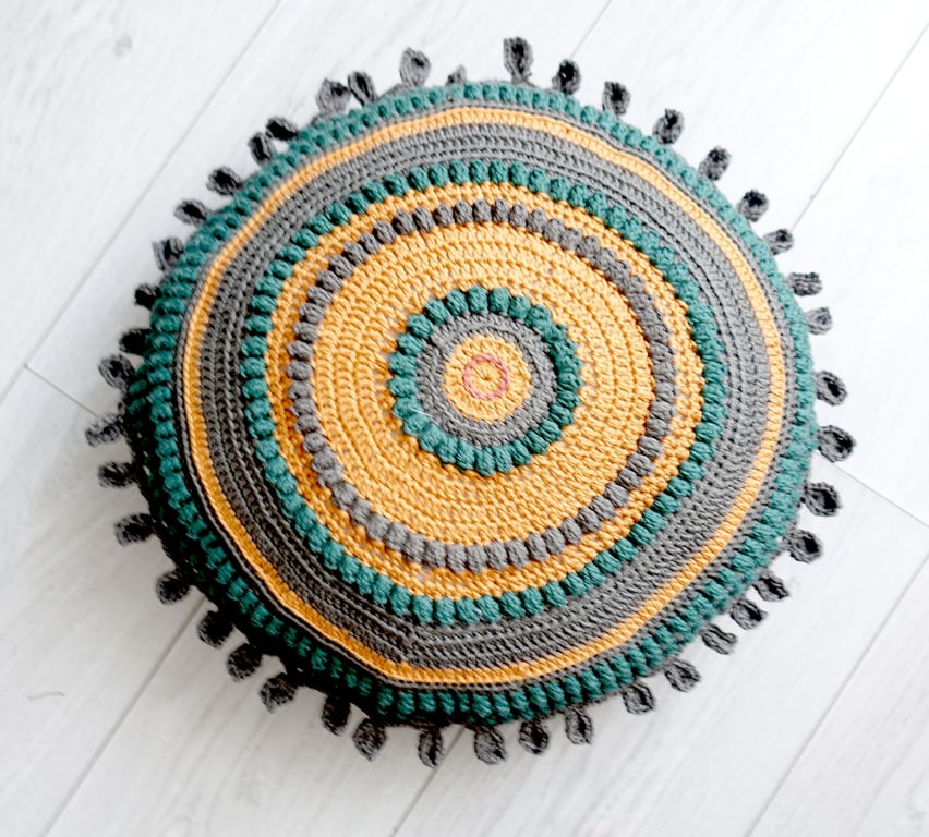 Fir Green and Gold Round Crochet Cushion 16 inches