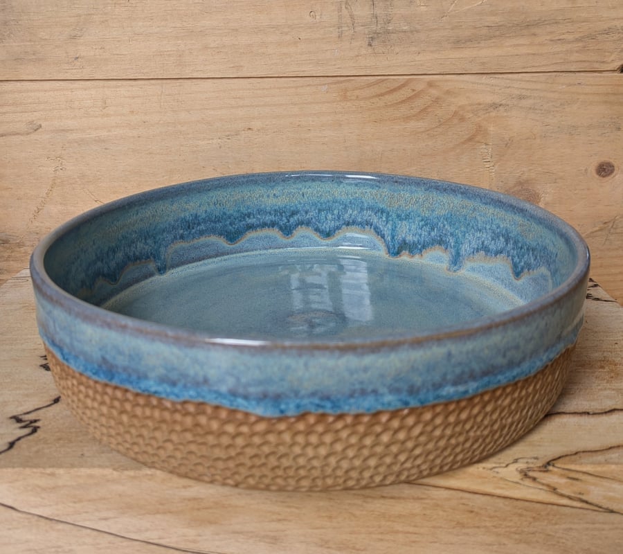 Large toasted turquoise carved salad or serving bowl