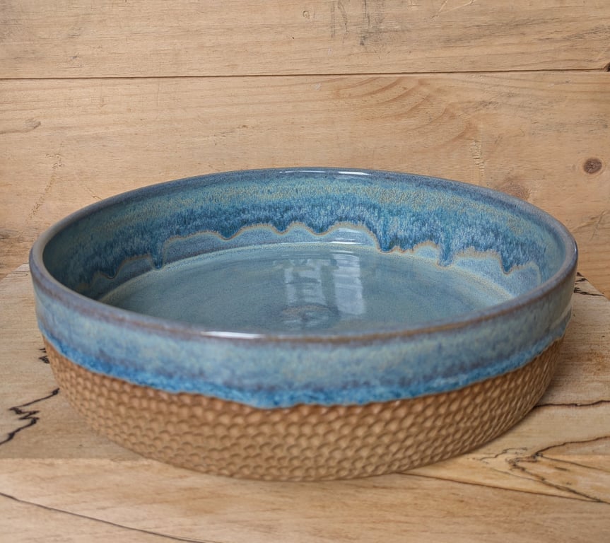 Large toasted turquoise carved salad or serving bowl