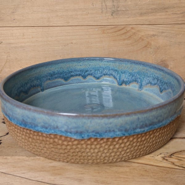 Large toasted turquoise carved salad or serving bowl