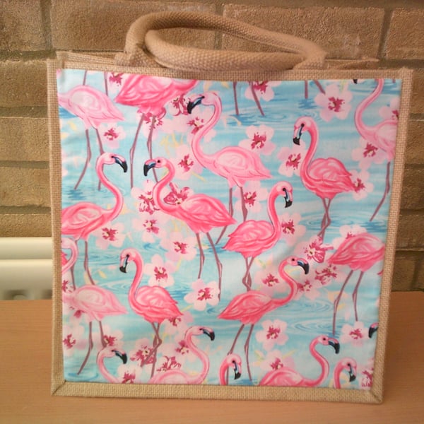 Medium jute Bag with a Pocket Featuring Flamingos