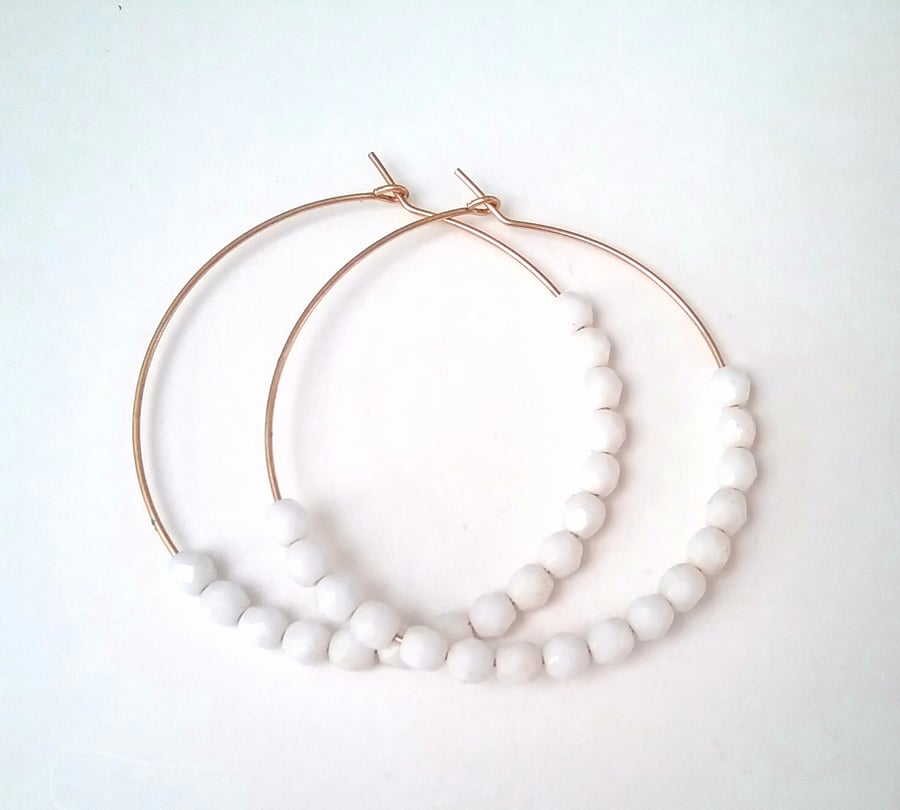 Gold Filled Hoops White Czech Glass Beaded Hoops....
