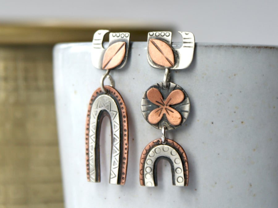 Rainbow bird folk drop earrings