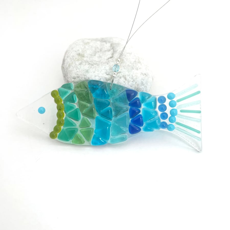 Fused Glass Blues Fish Hanging - Handmade Glass Suncatcher