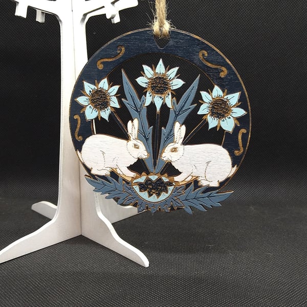 Rabbit and flowers wooden decoration, laser etched and cut in wood hand painted