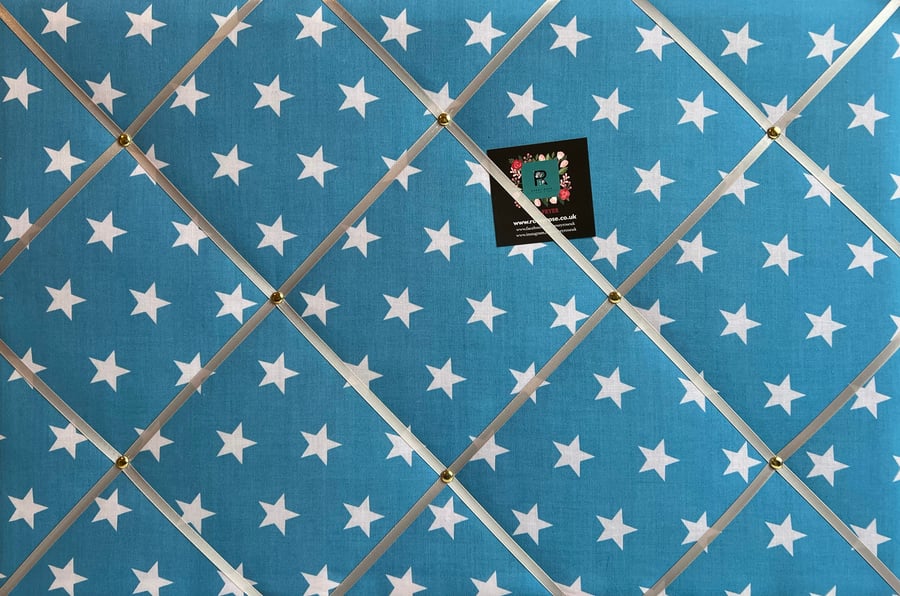Handmade Bespoke Memo Notice Board With Turquoise Blue Star Fabric