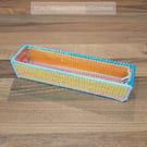 Pencil case - yellow, orange, and pink with blue and white edging, open-top 