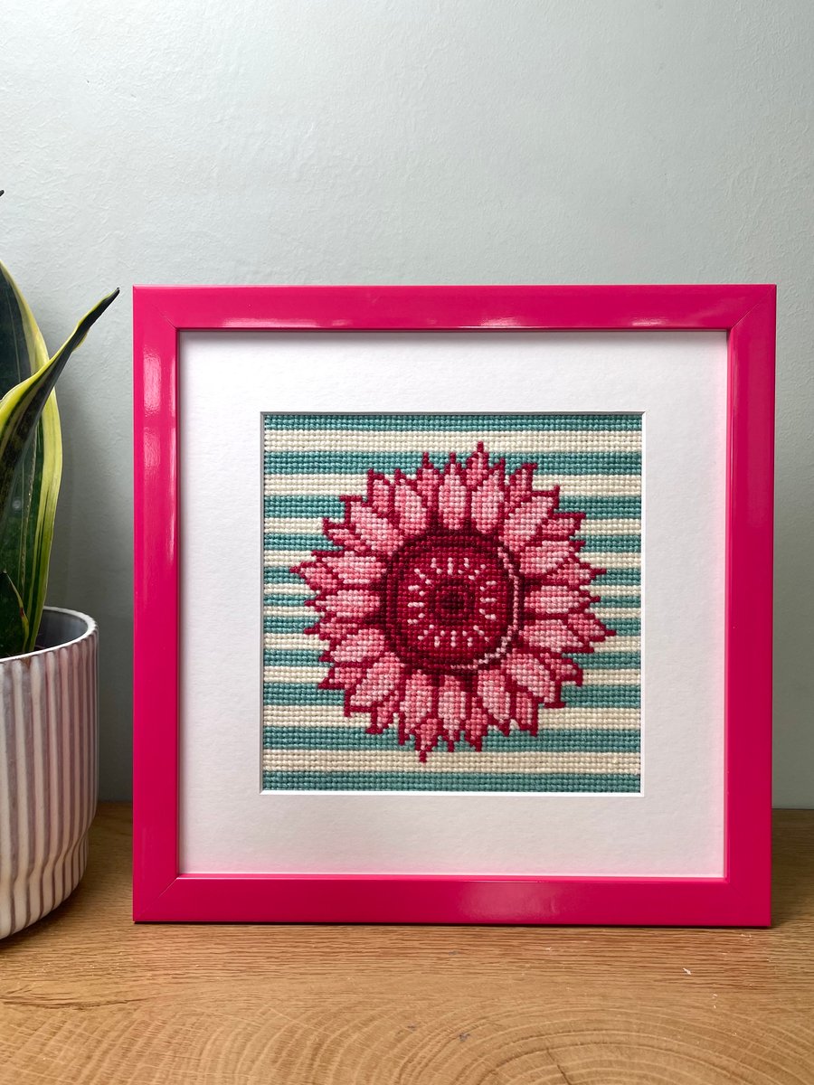 Pink Sunflower Kit - Modern Cross Stitch Kit  - Needlepoint Kit