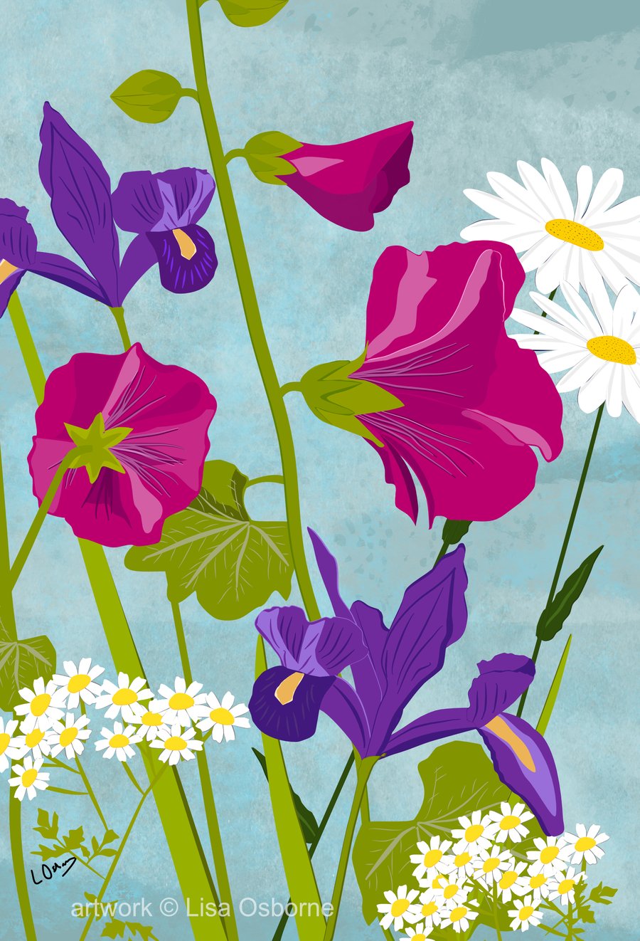 Hollyhocks - flower print - flower art - irises